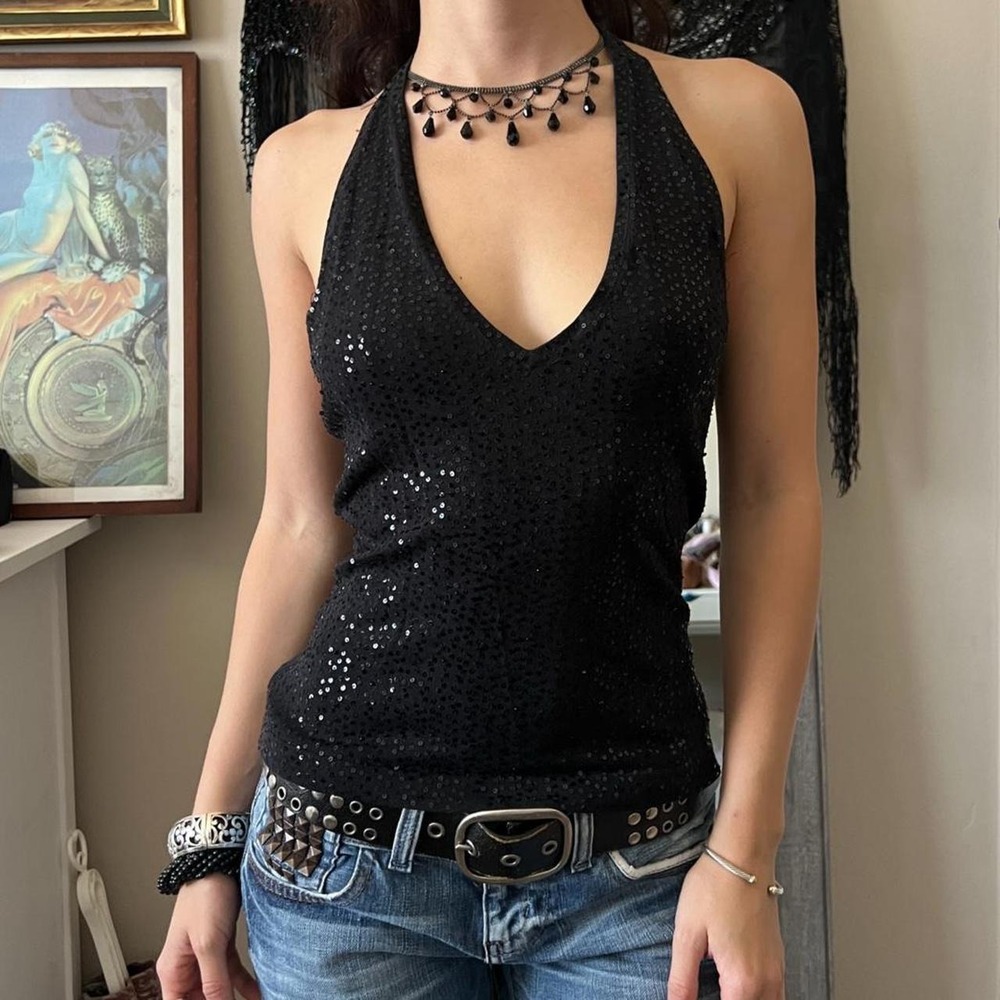 BCBG Black Sequined Silky Silk Knit Backless Halter Top Y2K 2000s Small - Picture 3 of 7